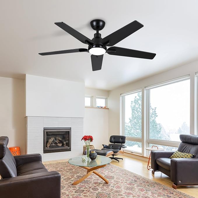 52 Inch Ceiling Fan with Light and Remote Control, Black | 6-Speed Quiet Reversible DC Motor, 3CCT Dimmable 24W LED Light,5 Wood Blades,Used for Bedroom, Living Room, Covered Patio