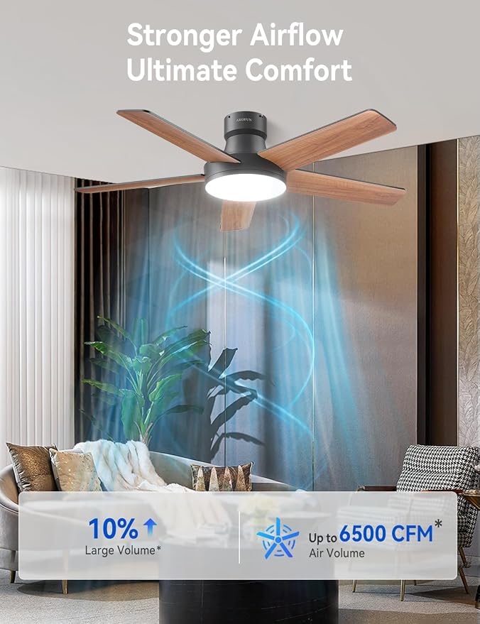 AKOFUN Ceiling Fans with Lights and Remote, Low Profile Ceiling Fan with Light, 6 Speed, Dimmable, DC Motor, Quiet, Timer, Modern LED Ceiling Fan for Bedroom Living Room 44 inch, Black