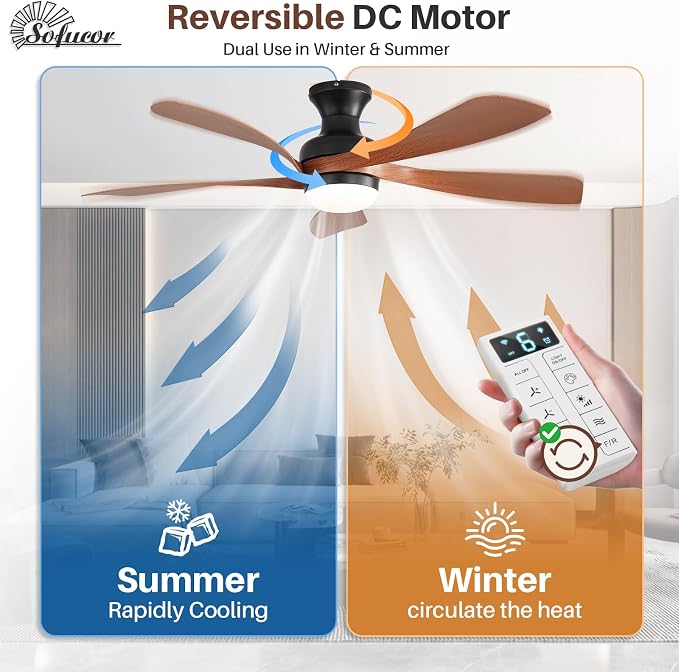 Sofucor Smart 52'' Low Profile Ceiling Fan with Lights and Remote, Flush Mount Ceiling Fan Work with APP/Alexa/Google for Farmhouse Bedroom Living Room Patio, Dimmable LED Quiet Reversible DC Motor