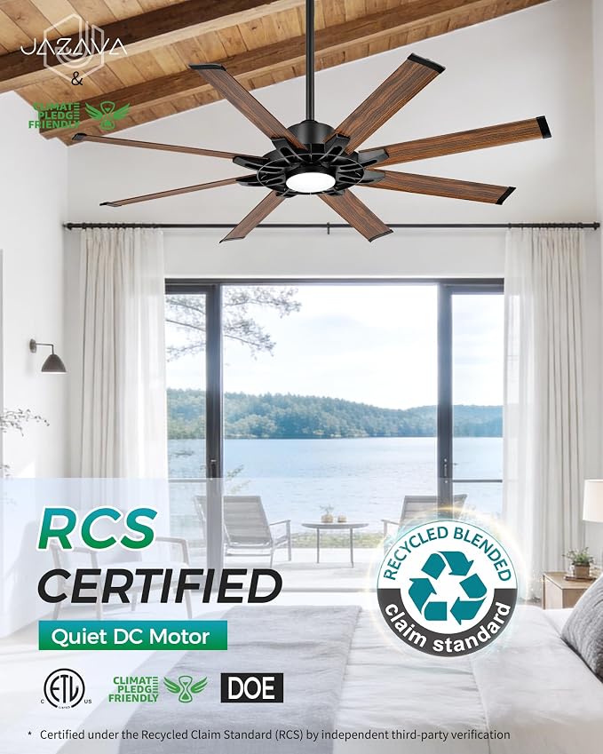 60 Inch Ceiling Fan with Light, Indoor Outdoor Ceiling Fan with 8 Aluminium Wood Grain Metal Blades, Smart Fan with Alexa, Modern Quiet Fan for Patio, Garage, Living Room, ZCCF05AWD-60