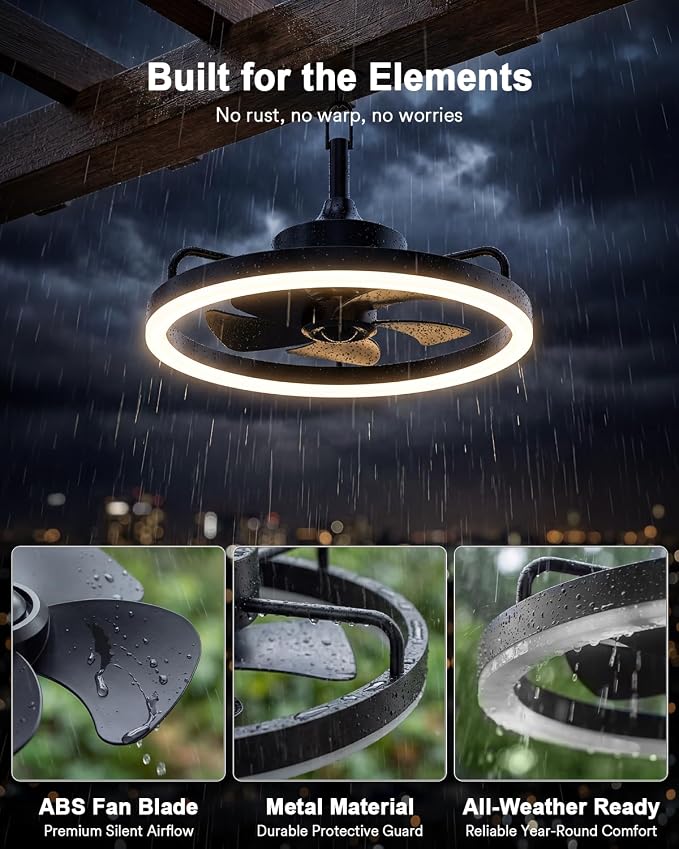 Lumary Smart Gazebo Ceiling Fans with Color Lights for Patios Outdoor, 20in | RGBAI+White Dimmable, Wi-Fi Bluetooth Connect, Work with Alexa/Google/APP, Waterproof Plug in Ceiling Fan with Hook/Remote