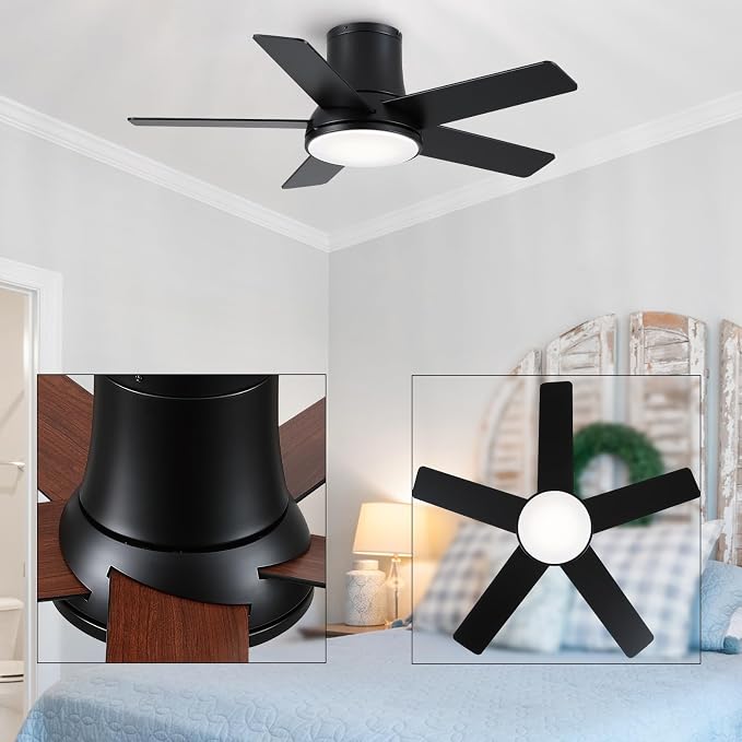 42 Inch Pro Balck Flush Mount Ceiling Fans with Lights and Remote | 3CCT Dimmable LED, 6 Speed, Quiet DC Motor, 3-Level Timer Function, Forward/Reserve For all Seasons, Indoor/Covered Outdoor