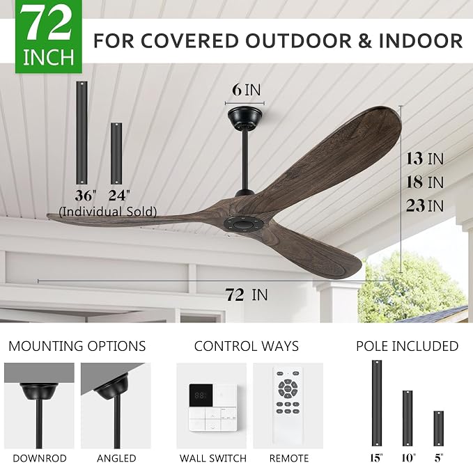 Eliora 72" Ceiling Fans Without Lights, Wood Ceiling Fan no Light with Remote, Large Outdoor Ceiling Fan for Patio, Porch, Bedroom, 6 Speed, Quiet DC Motor, ETL Listed-Deep Brown