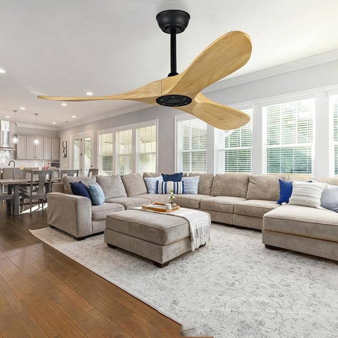 42 Inch Ceiling Fan, Without Light, with Remote Control, Silent DC Motor, 3 Blades, Modern Low Profile Ceiling Fan, For Bedroom, Living Room, Dining Room, Office (Natural Wood, 42 inch)