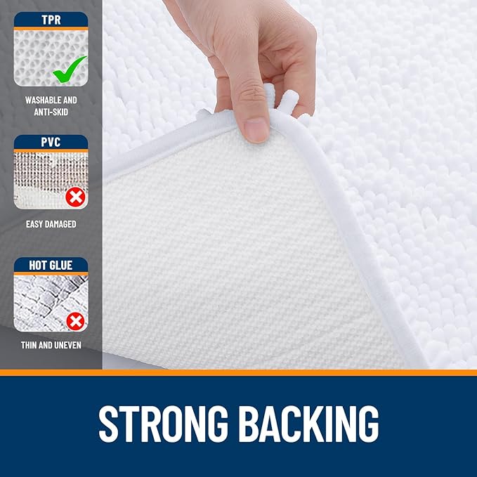 OLANLY Bathroom Rugs 30x18, Extra Soft Absorbent Chenille Bath Rugs, Rubber Backing Quick Dry, Machine Washable Bath Mats for Bathroom Floor, Tub and Shower, Home Decor Accessories, White