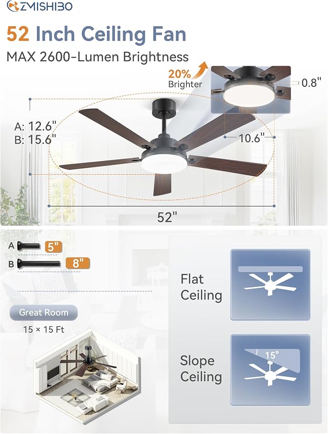 52 Inch Ceiling Fan with Remote, Indoor/Outdoor Black Ceiling Fan with Large LED Panel, Quiet Reversible DC Motor, 6-Speed, 3000-6500K Stepless Dimming, Modern Ceiling Fan for Bedroom, Living Room