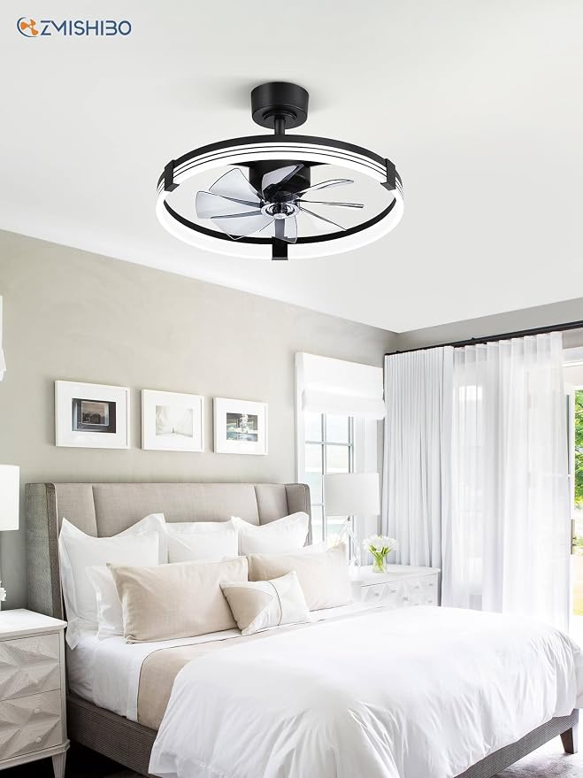 ZMISHIBO 23" Ceiling Fans with Lights and Remote, Low Profile Ceiling Fan with Light, 3 CCT, Stepless Dimmable, 6 Speeds, Noiseless, App & Remote Control, Black Fan Light for Bedroom, Living Room