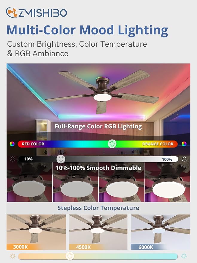 ZMISHIBO 52 Inch Ceiling Fan with RGB Lights, Low Profile Flush Mount with Alexa/App/Remote, Dimmable 20W LED Light, Brown Farmhouse for Living Room, Bedroom, Game Room