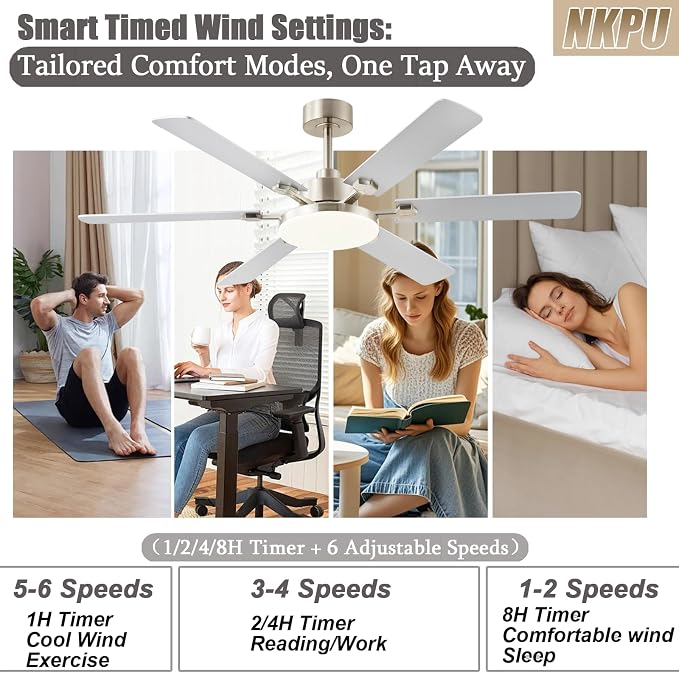 NKPU 56 Inch Ceiling Fans with Lights, Large Modern Nickel Ceiling Fan with Light and Remote Control, 6 Double Sided Blades, 6 Speed DC Motor, Dimmable LED, Silent Timing, Indoor Outdoor Patio Use