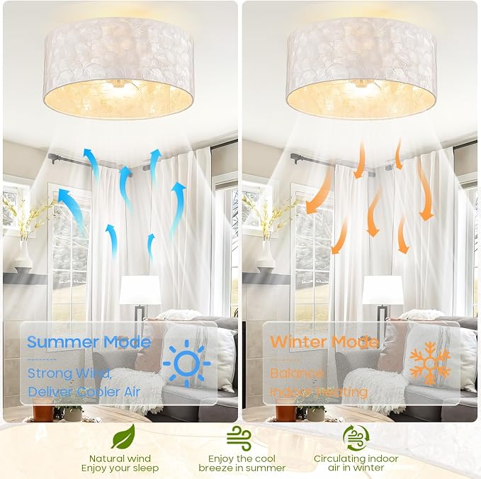 Boho Coastal Ceiling Fan with Lights and Remote, Enclosed Caged Design with Shell Lampshade — Fandelier for Bedroom, Nursery, Foyer, Kitchen (6 Speeds)