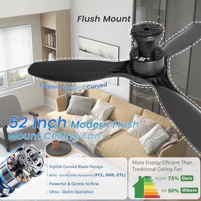 52" Ceiling Fan with Light and Remote, Flush Mount Ceiling Fan with 3 Blades, Low Profile Fan, 6 Speed, Queit DC Motor, Black Fan for Bedroom/Indoor/Outdoor/Living Room