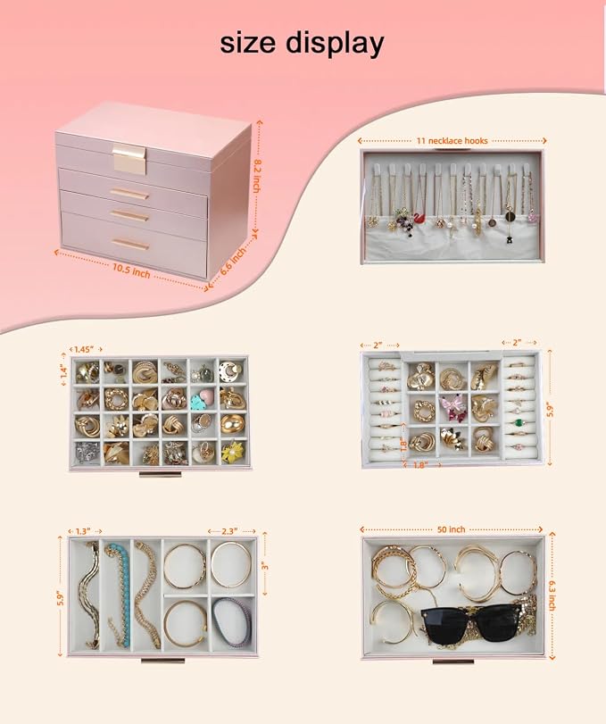 BOOVO Jewelry Boxes for Women, White and Black 6 Layer Large Jewelry Box for Necklace, Bracelet, Earrings, Rings Storage, Jewelry holder Organizer for Girls Gift (Rose Gold, 5 Layer)