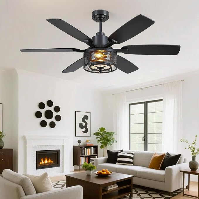 Hounberi 52" Farmhouse Ceiling Fans with Lights and Remote, Black Industrial Caged Ceiling with Seeded Glass, 6-Speed Reversible Quiet DC Motor, Black Ceiling Fan with Light for Living Room Kitchen