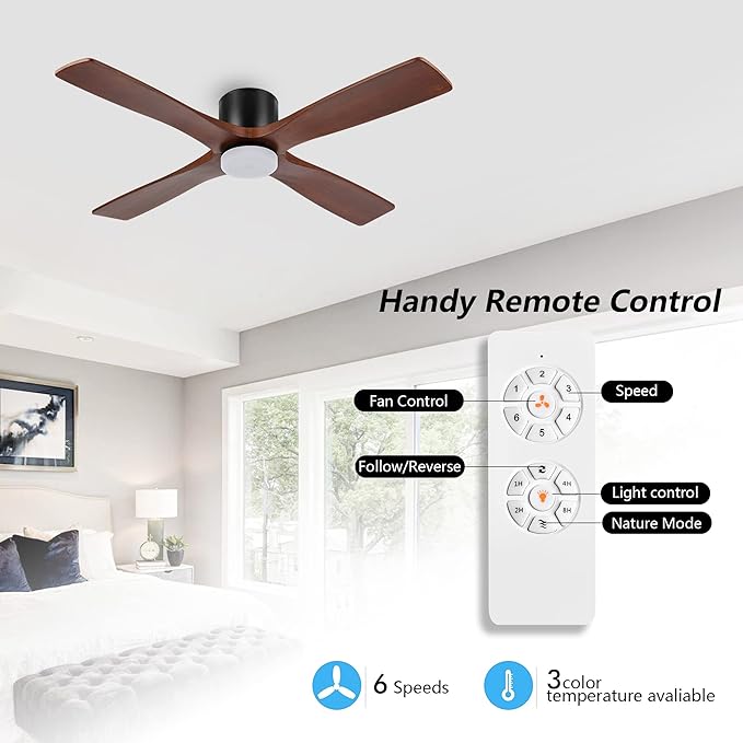 WINGBO 54 Inch Flush Mount DC Ceiling Fan with Lights and Remote, 4 Reversible Carved Wood Blades, 6-Speed Noiseless DC Motor, Hugger Ceiling Fan in Matte Black Finish with Walnut Blades