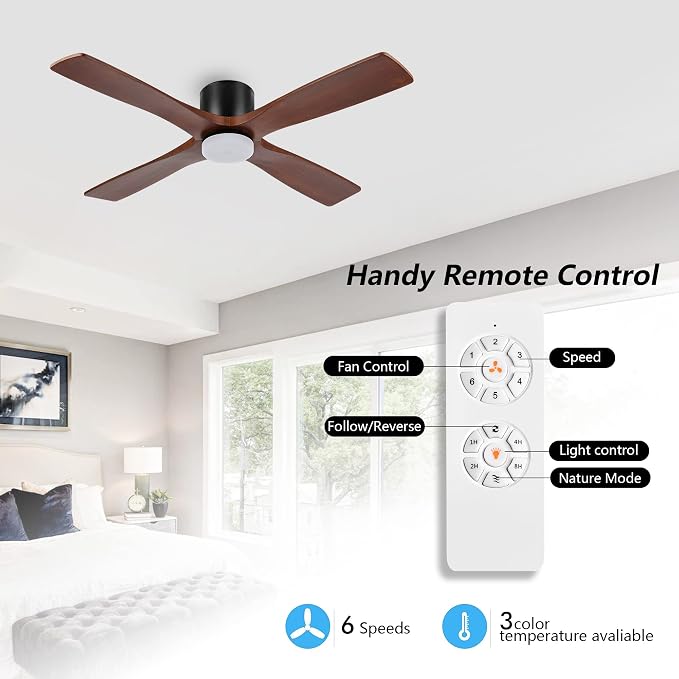 WINGBO 48 Inch Flush Mount DC Ceiling Fan with Lights and Remote, 4 Reversible Carved Wood Blades, 6-Speed Noiseless DC Motor, Hugger Ceiling Fan in Matte Black Finish with Walnut Blades