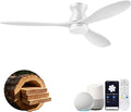 52" Wood Ceiling Fans with Lights Remote,Smart Control via Wifi Alexa APP,Quiet DC Motor,Modern Flush Mount Hugger Ceiling Fan for Low Profile Bedroom,Patio,Matte White,Outdoor Indoor,3 Blade,Dimmable