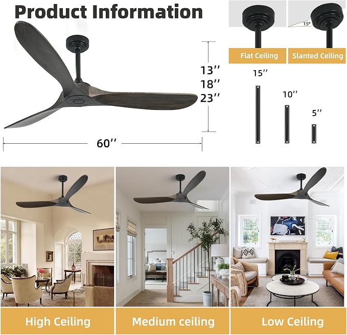 Outdoor Ceiling Fan Without Light, 60 Inch Smart Ceiling Fan with Remote & Voice Control Works with Alexa & Google Assistant, 3-Blade Wood Fan, Quiet DC Motor, 6 Speeds for Patio, Farmhouse