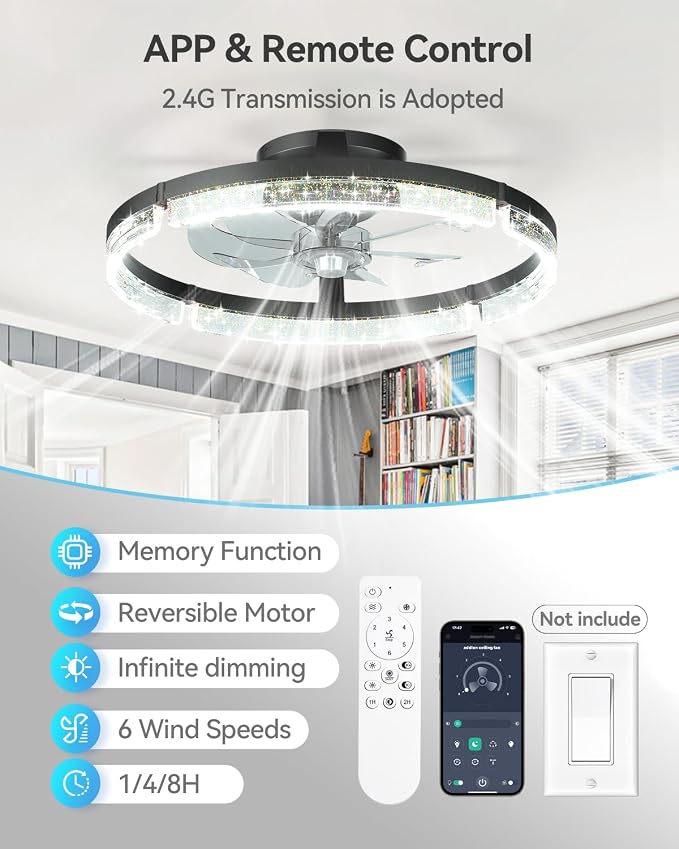 addlon Ceiling Fans with Lights and Remote, 20'' Low Profile Ceiling Fans, 3000-6000K Dimmable Modern Flush Mount LED Fan Light, Fandelier Ceiling Fan for Bedroom, Kitchen, Living Room