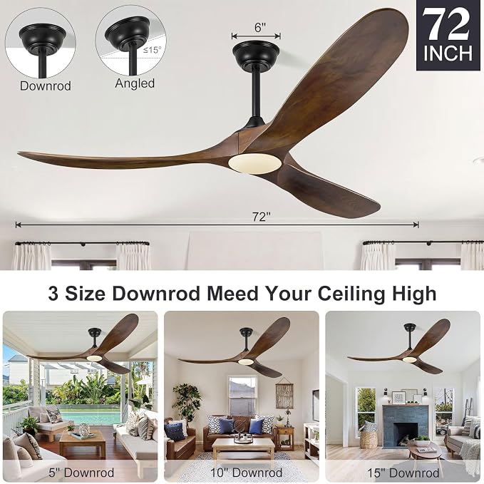 Eliora 72 Inch Ceiling Fans with Lights and Remote Control, Outdoor Ceiling Fan with Light High cfm Outdoor Ceiling Fan for Patio, Porch, 6 Speed Propeller Quiet DC Motor ETL Listed-Deep Walnut
