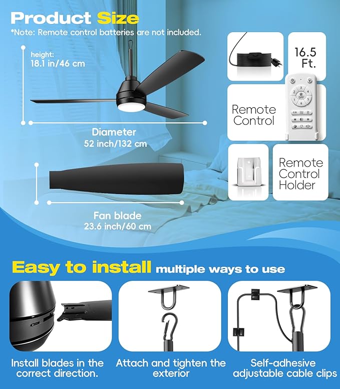 52 inch plug-in ceiling fan light with 16.5ft cord,Gazebo fan light dimmable 3CCT LED,Reversible,Portable Hook Design for bedroom garage tent porch kitchen patio.