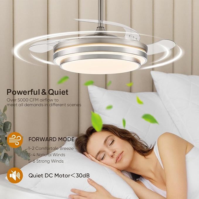 FIDGRA 42 Inch Fandelier Ceiling Fan with Light, Retractable Ceiling Fan with Lights for Bedroom Living Room Dinning Room, Chandelier with Fan 6 Speed, 3 Color Temperature-Brushed Nickel