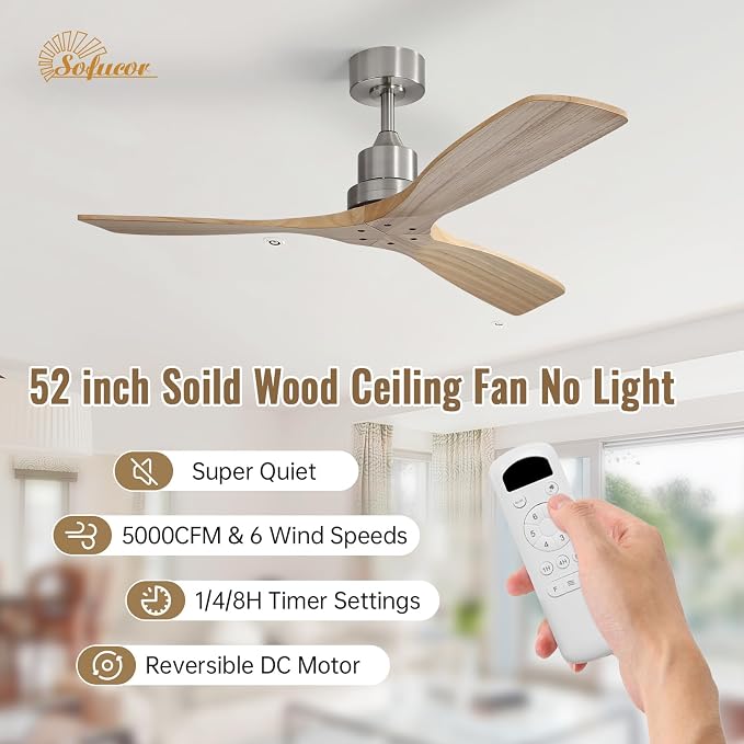 Sofucor 52 Inch Ceiling Fan No Light - Modern Solid Wood Ceiling Fan with Remote, 5000CFM High Airflow, Quiet DC Motor, 6 Speeds, Timer & Reversible for Bedroom Living Room, ETL, Wood