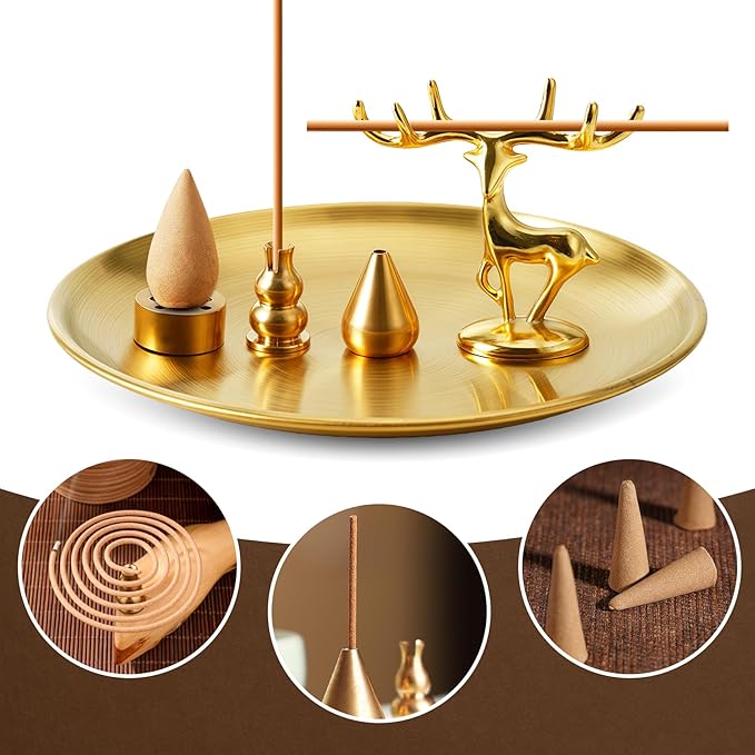 5 in 1 Incense Burner - 5.5 Inch Brass Incense Holder for Sticks, Coils and Cones with Ash Catcher - for Meditation, Yoga, Zen Room, Home Decor (Deer+Nine Holes+Gourd+Water Drop+Disc)