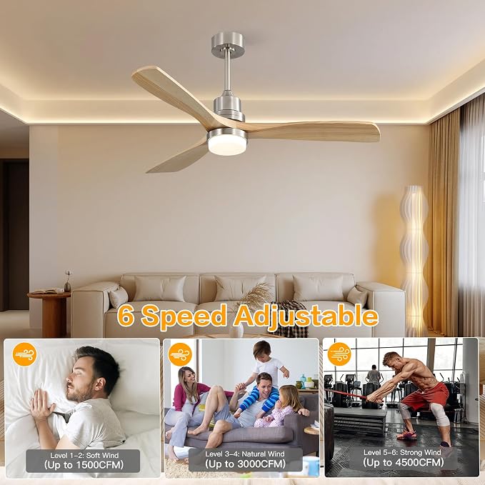 Sofucor 52" Ceiling Fan with Lights and Remote Control, Indoor Outdoor Modern Wood Ceiling Fan for Bedroom Living Room Patio Porch, with Reversible DC Motor, 6 Speeds, 3 Color Temperature