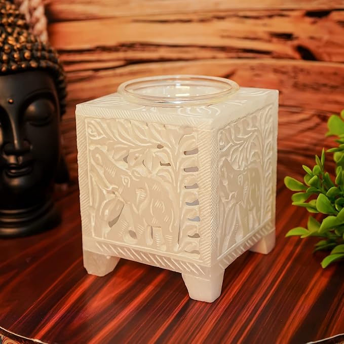 Crocon Marble Bakhoor Burner Incense Burner for Fragrance & Healing Square Charcoal Bakhoor Burner Handmade White Marble & Glass Bakhoor for Home & Living Room Office Decor Size: 2.9X2.9X3.5 Inch