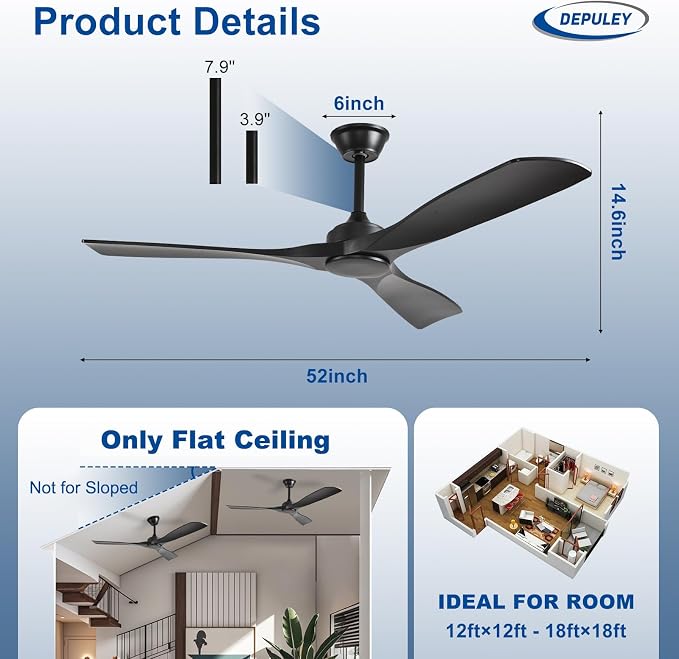 Depuley Ceiling Fan Without Light: 52 Inch 3 Blade Outdoor Fans for Patios - Black Ceiling Fan No Light Indoor Remote Control Ultra Quiet DC Motor Reversible 6 Speed Timer