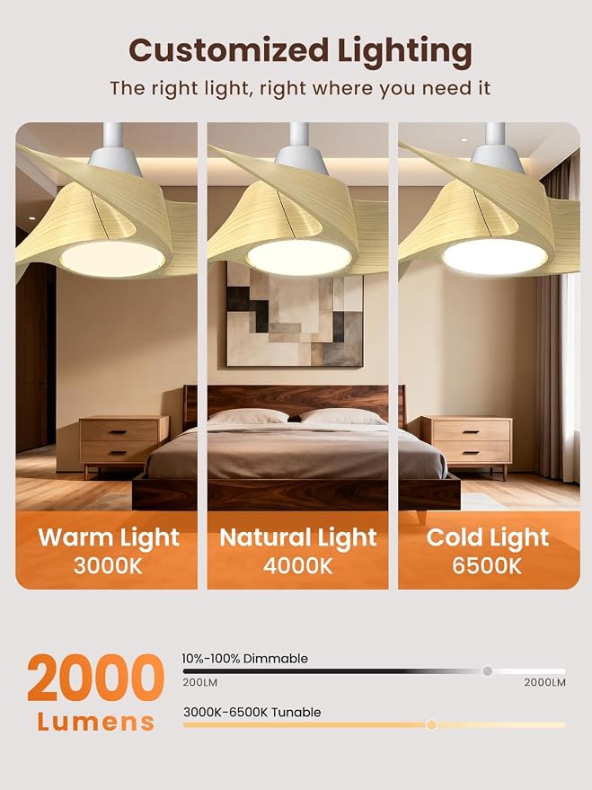 TALOYA 52 inch Modern Ceiling fan with Light, 3 Blades Ceiling Fans with Lights and remote, 3000K-6500K, Dimmable, Quiet, Outdoor Ceiling fan For Living Room, Bedroom, Patio, Farmhouse, Natural Oak
