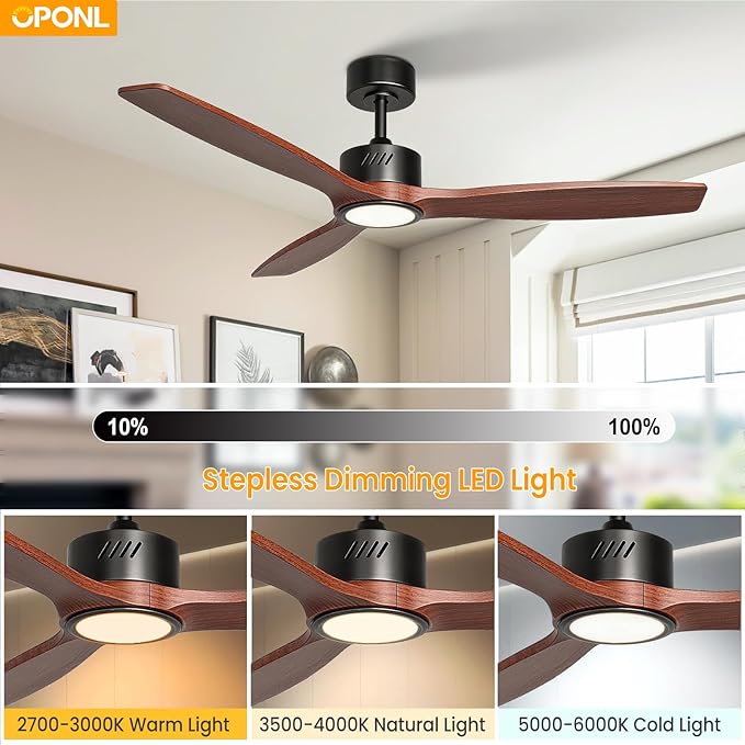 OPONL Ceiling Fan with Light, Ceiling fan with Light and Remote Control, Reversible, 6CCT, Dimmable, Noiseless, Ceiling Fan for Bedroom, Indoor/Outdoor Use, Black, 52 inch, Wood