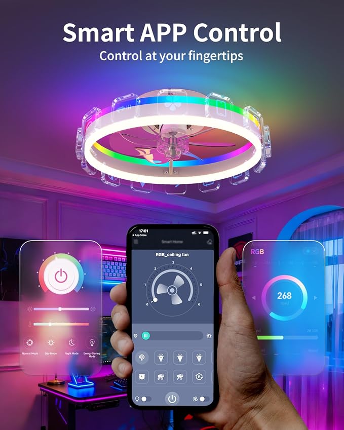 RGB Ceiling Fan with Lights, low profile ceiling fans with lights and remote, Flush Mount LED Fan Light, Modern Bladeless Fandelier for Bedroom Works with APP, 16IN White