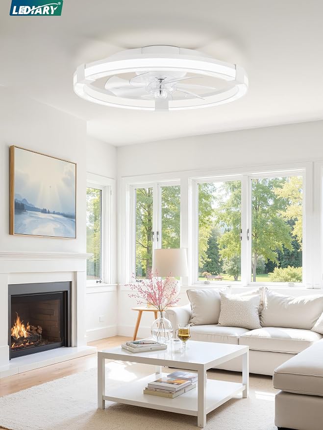 LEDIARY Ceiling Fans with Lights, 23 Inch Low Profile Ceiling Fan with Remote, 6 Speeds, Reversible, Dimmable Flush Mount Fan Light, Modern Fandelier Ceiling Fan with Lights for Bedroom, White
