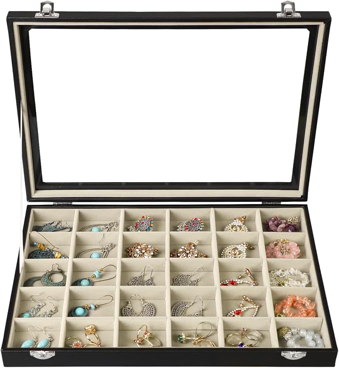 Stratalife 30 Grid Earring Organizer, Jewelry Holder Organizer with Lid | PU Leather Storage Box for Earring, Ring, Studs and Trinkets, Soft Velvet Drawer Organizer for Women, Dustproof, Beige Black
