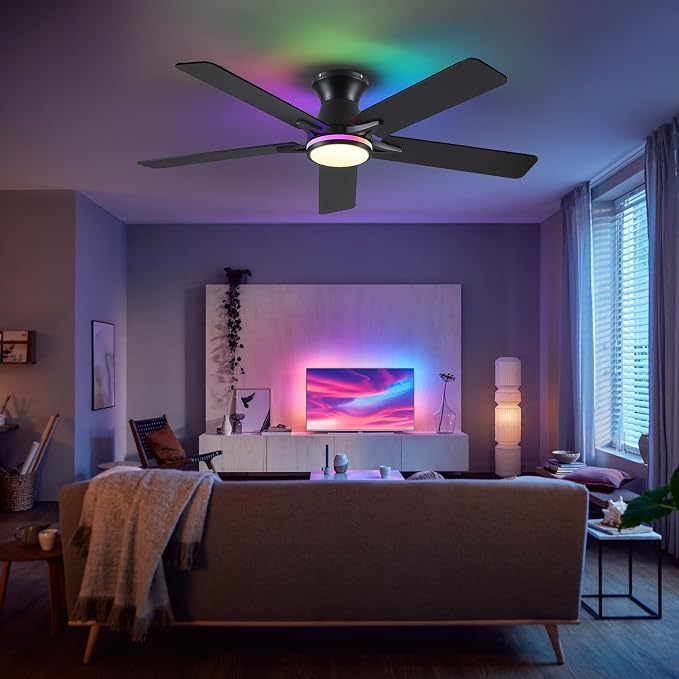 52"Black Modern Low Profile RGB Ceiling Fans with Lights and Remote/APP | 14 RGB Modes,Supports Remote and APP,6 Wind Speeds, Reversible, Dimmable 3 CCT LED, 30W DC Motor,Suits for Bedroom Kidsroom