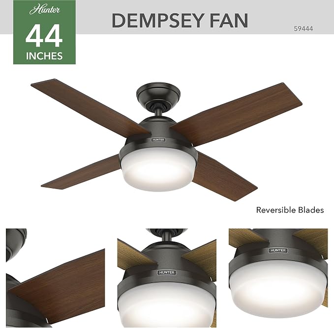 Hunter 44 inch Indoor Ceiling Fan with LED Light and Remote Control - Bronze Modern Ceiling Fan, Standard Mount, 4 Blades, For Bedroom, Living Room, or Kitchen - Dempsey 59444, Noble Bronze