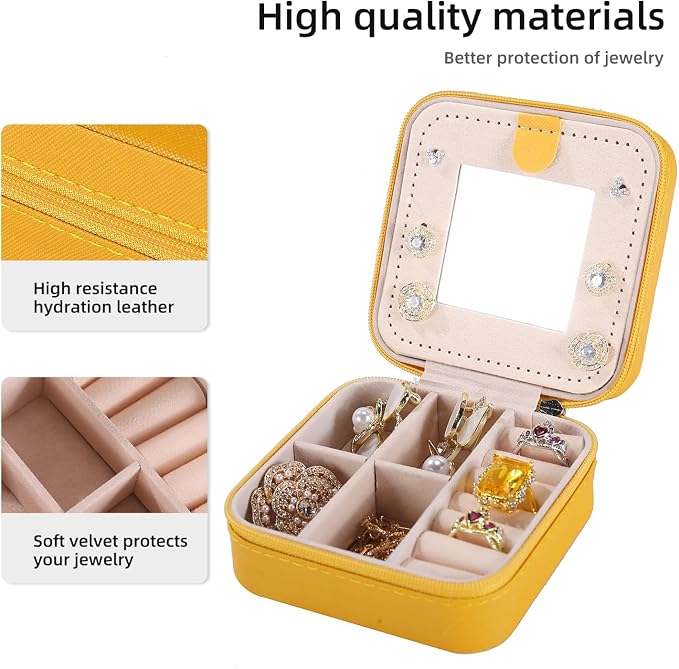 KElofoN Travel jewelry case Travel jewelry box Travel Jewelry Organizer Small Jewelry Organizer Box Gift for Girls Women with Mirror (Yellow)