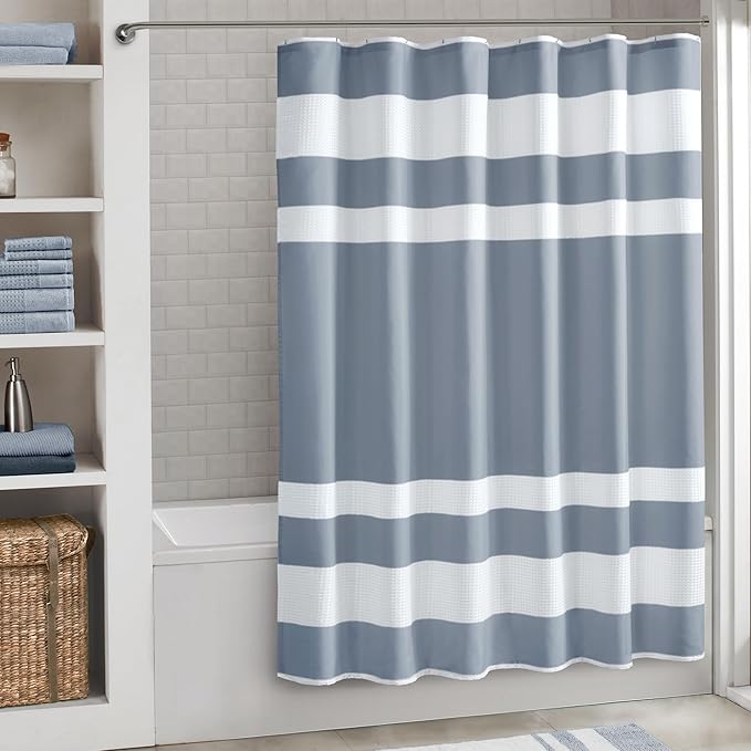 Madison Park Shower Curtain Spa Waffle Weave Long Shower Curtain for Bathroom 3M Scotchgard Moisture Management, Spa Quality Modern Shower Curtains for Bathroom, Long: 72x78 Indigo Blue