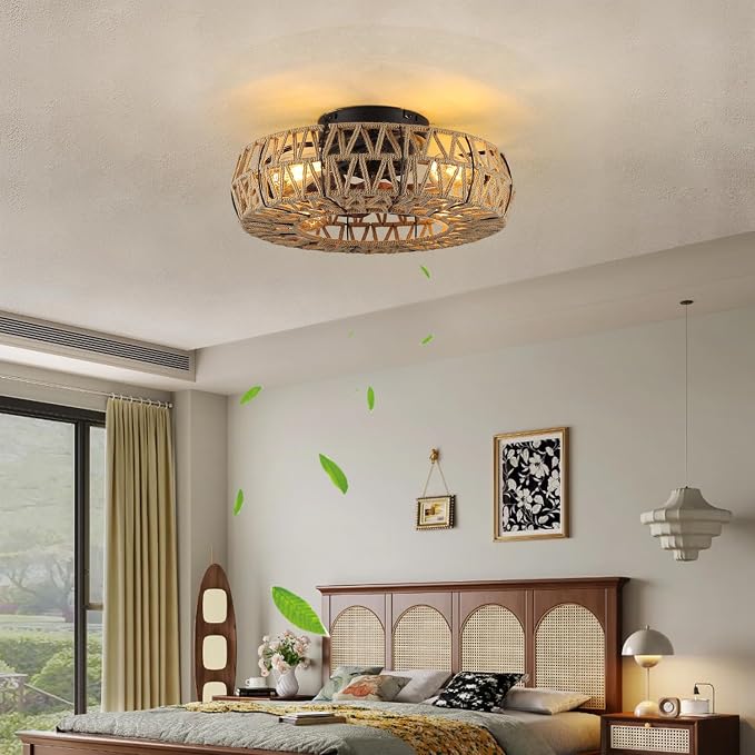 20 Inch Boho Caged Bladeless Ceiling Fan with Light,Flush Mount Rattan Fandelier Ceiling Fans Lights and Remote Contro,Enclosed 6 Speeds Low Profile Farmhouse Fan Light for Bedroom,Kitchen,Living Room