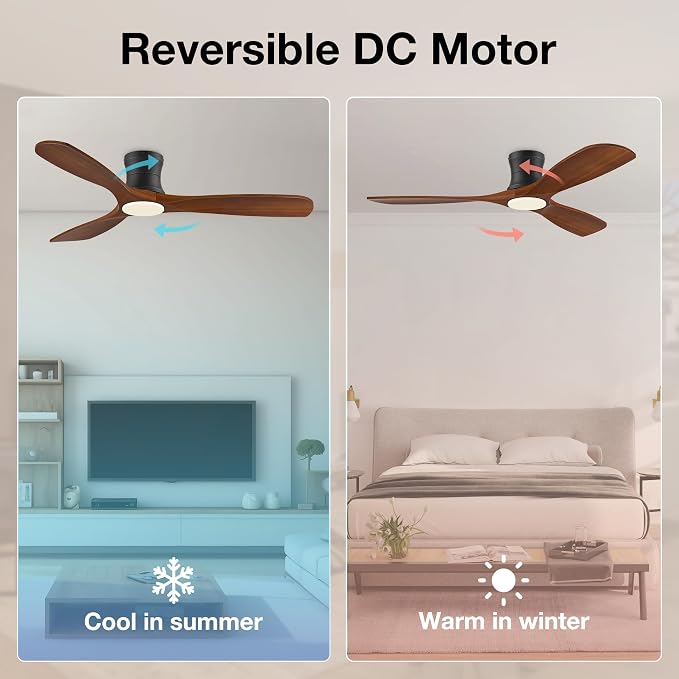 52 Inch Wood Ceiling Fans with Lights Remote,Low Profile Flush Mount Ceiling Fan with Light,Outdoor Indoor Modern Hugger Ceiling fan for Patio Bedroom,Walnut Brown& Black,3 Blades,6 Speeds,Ultra-Quiet