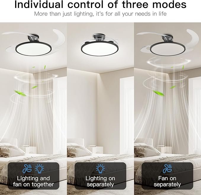 AHAWILL 48 Inch Retractable Ceiling Fan,Low Profile Ceiling Fan with Light and Remote,Modern Black Fan with Retractable Blades for Dinning Room Living Room Bedroom,Dimmable,Timer Setting