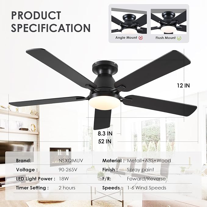 52 Inch Ceiling Fans with Lights and Remote, Flush Mount, Black | Low Profile, Dimmable LED, Reversible, Quiet DC Motor, Wooden Blades, for Modern Apartment Bedroom Home Office Living Room