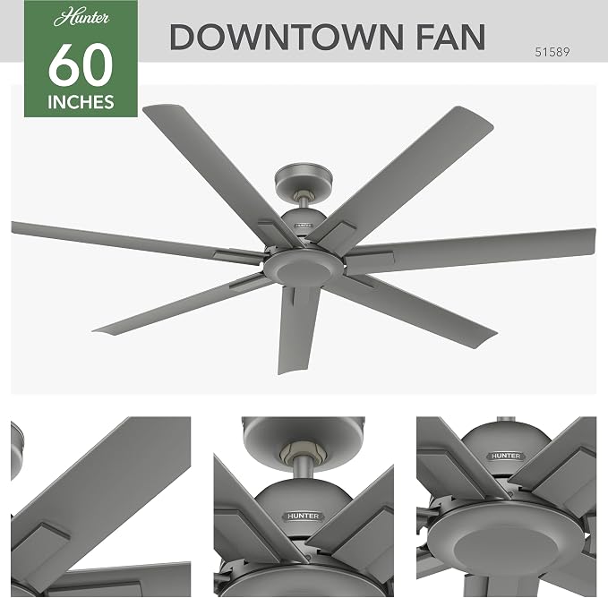 Hunter Downtown, Outdoor or Indoor, Ceiling Fan, 60 inch, Matte Silver | No Light, Standard Mount, Wall Control, Quiet, 7 Blades, For Patio, Porch, Garage, 51589