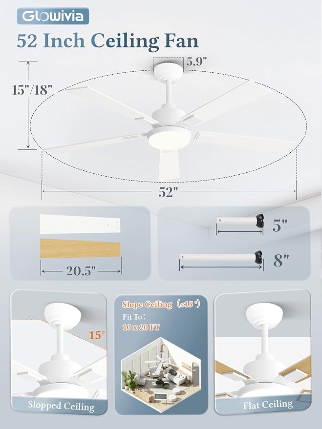 52 Inch Ceiling Fans with Lights and Remote&APP Control, White Smart Ceiling Fan with 3000-6000K Dimmable, 10 Speeds Quiet Reversible Motor, Indoor/Outdoor Ceiling Fan for Bedroom Living Room