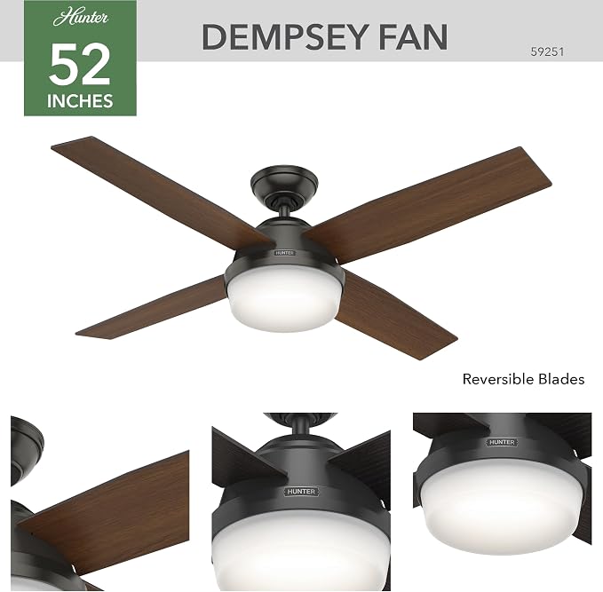 Hunter Dempsey, Outdoor or Indoor, Ceiling Fan, 52 inch, Matte Black