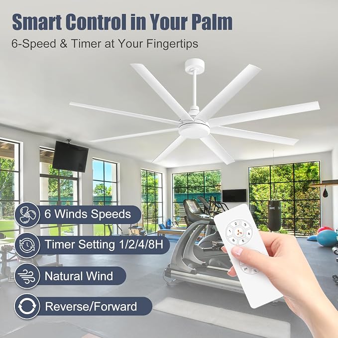 72 Inch Ceiling Fan No Light, Modern Ceiling Fan with Remote Control, Quite DC Motor 8 Reversible Blades Indoor Outdoor Industrial Ceiling Fan without Light For Living Room Bedroom Patio Garage-White