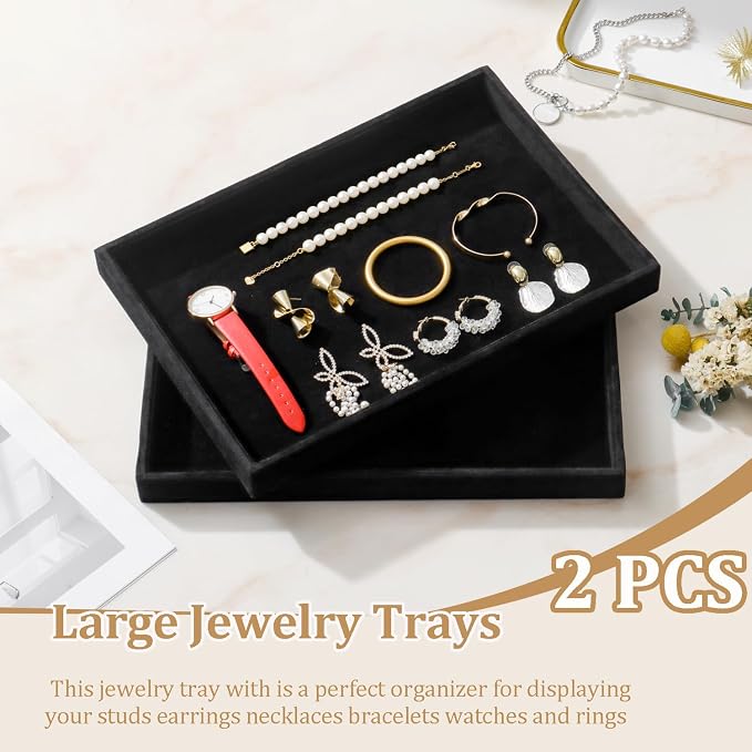 Large Velvet Jewelry Tray 2 Pack Stackable Jewelry Display Drawer Inserts Trays Organizer for Earring Bracelet Necklace Ring (Black, 1 Grid)