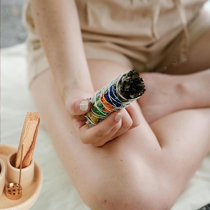 4 in 1 Incense Holder, Ceramic Incense Stick and Palo Santo Holder,Sage Holder for Burning- 4.25" Ceramic Ash Catcher Tray for Meditation and Yoga Room (Sand)