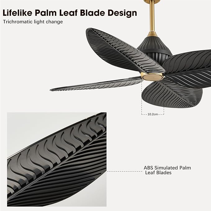 52 inch Ceiling Fan Without Lights, Remote & APP Control, 6 Speed DC Motor, 4 Palm Leaf Blades, Tropical Ceiling Fans for Bedroom, Living Room (Black Gold)